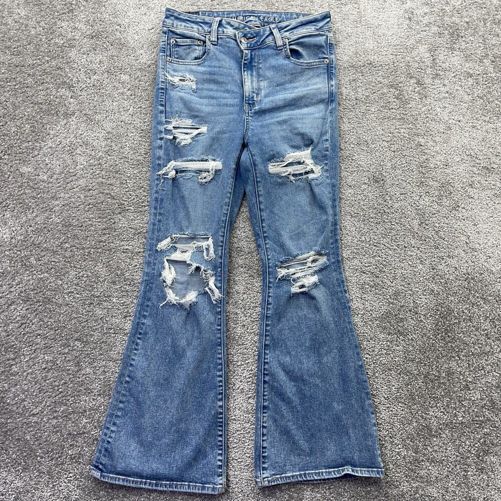 American Eagle Jeans Womens 8 Short Super Hi Rise Flare Distressed Denim Boho